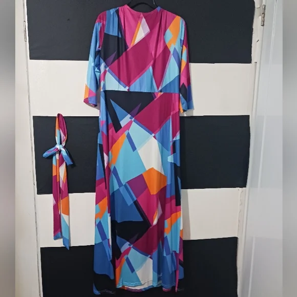 Women Multicolor block tie belted maxi dress - Picture 10 of 13